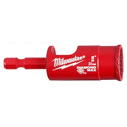 3/4" Diamond Grit Hole Saw, red, with a hex shank and diamond-coated cutting edge, designed for enhanced cutting efficiency.