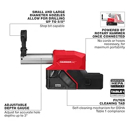 Image of M18 FUEL™ 5/8" SDS Plus Rotary Hammer with a detailed diagram. Highlights features include small and large diameter nozzles, adjustable depth gauge, HEPA filter, manual filter cleaning, and need for no cords or hoses once connected. Text describes tool capabilities and OSHA Table 1 compliance.