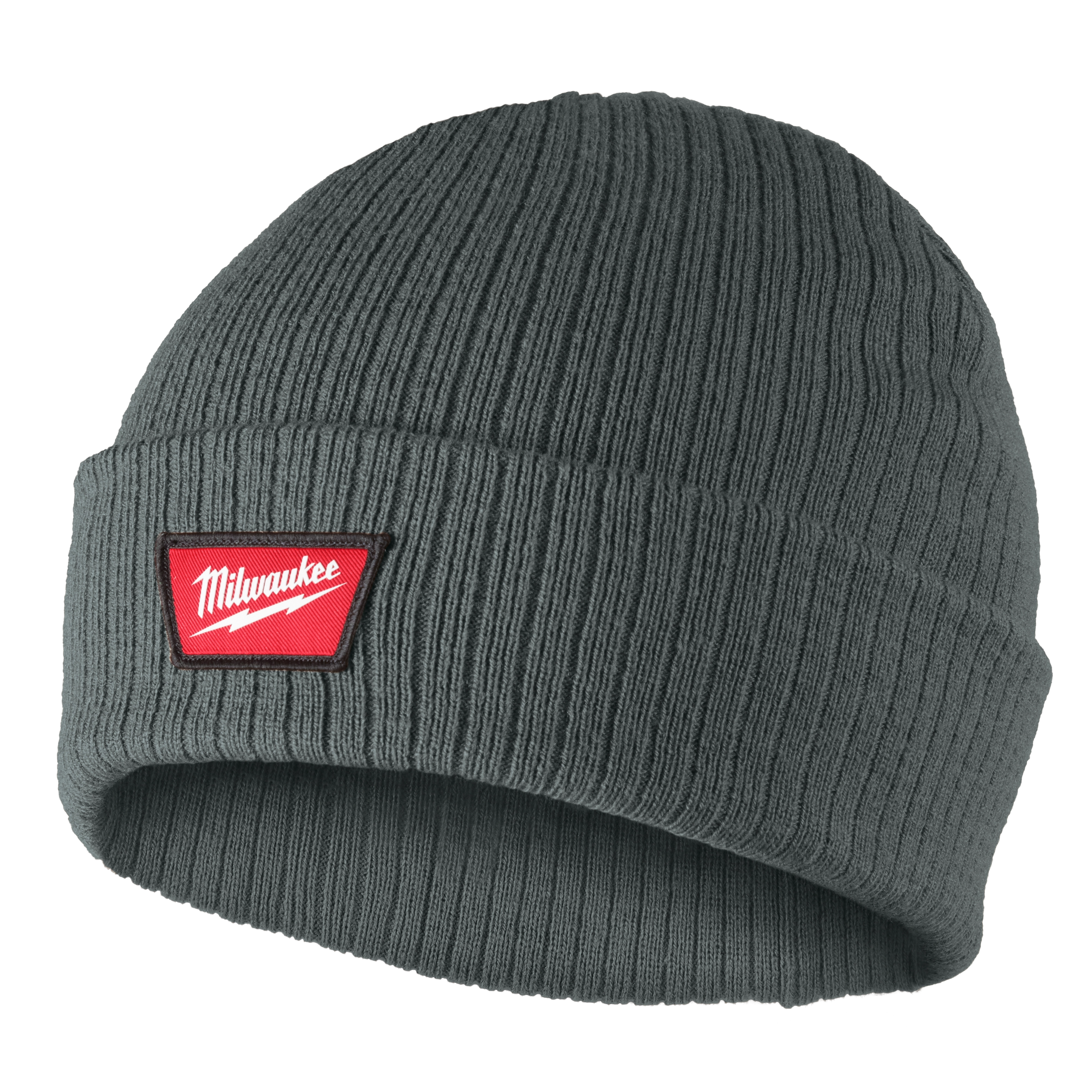 Rib-Knit Cuffed Beanie - Green with a red rectangular logo patch, featuring white text on the folded cuff.