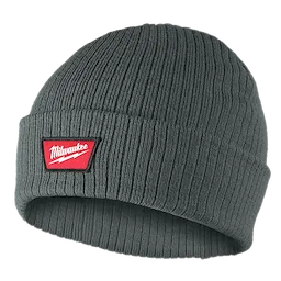 Rib-Knit Cuffed Beanie - Green with a red rectangular logo patch, featuring white text on the folded cuff.