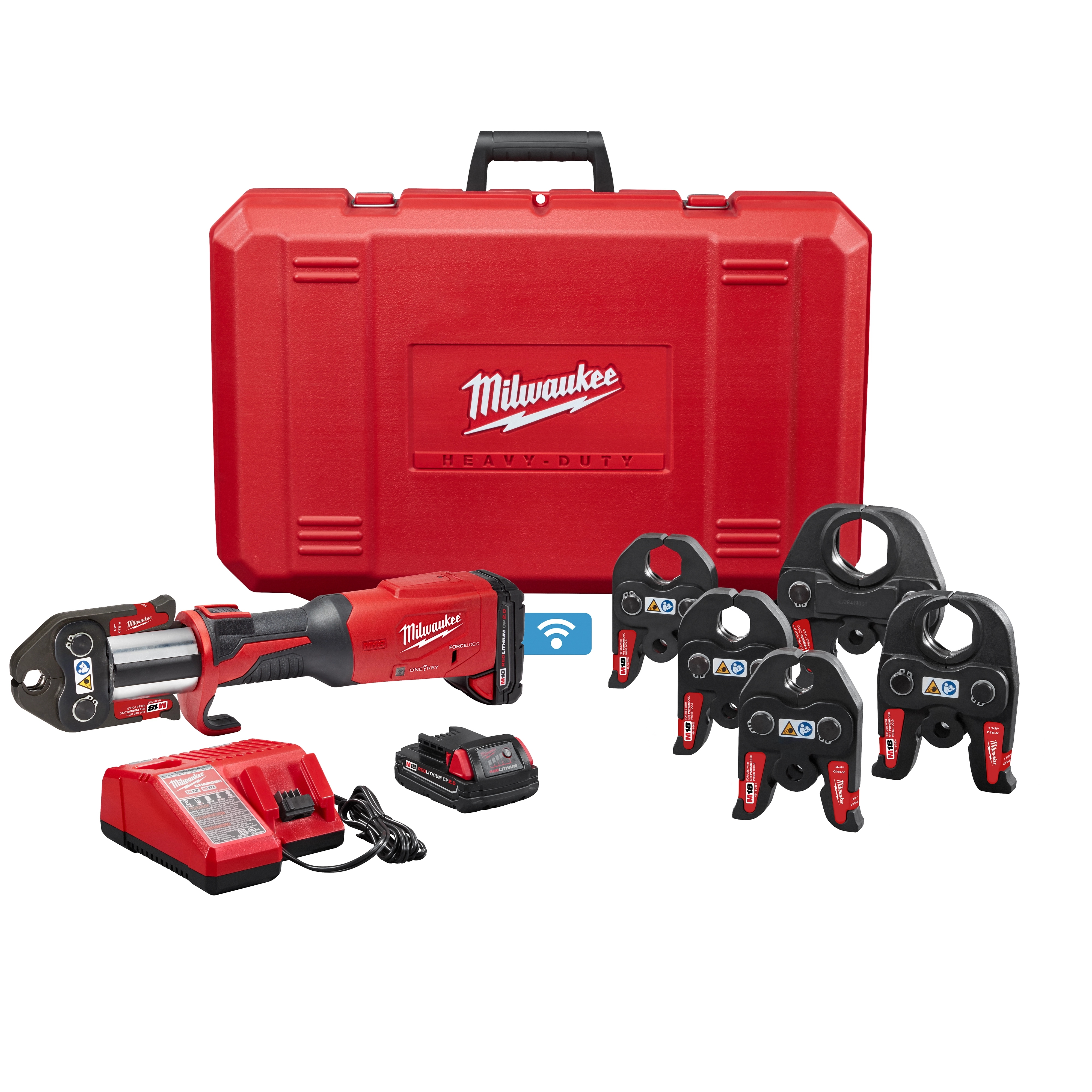 M18 FORCE LOGIC Press Tool w/ One-Key includes a press tool, charger, battery, five fitting heads, and a red carrying case.