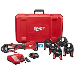 M18 FORCE LOGIC Press Tool w/ One-Key includes a press tool, charger, battery, five fitting heads, and a red carrying case.