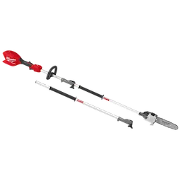 Image of an M18 FUEL™ Pole Saw w/ QUIK-LOK™, a cordless pole saw with a red and black handle, a middle extension pole, and a saw attachment with a silver bar and chain. The pole sections are designed to be assembled together.