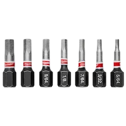 This image shows a SHOCKWAVE™ 1" Hex Security Insert Bit Set - 7PC. The set includes seven hex bits of varying sizes, each with a silver and black finish and a red and white Milwaukee logo on them.