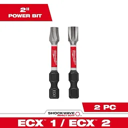 This image displays the SHOCKWAVE™ 2" 2PC Impact Duty ECX Combo Kit, including an ECX1 and an ECX2 power bit. The bits are 2 inches long, designed for high durability in impact driver use, featuring a red and black color scheme with Milwaukee branding.