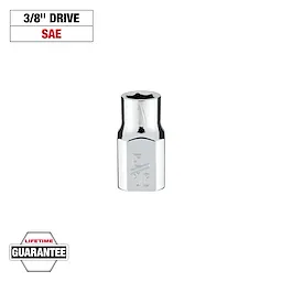 This image shows a 3/8" drive SAE socket with a 5/16" size engraved on it. The socket has a chrome finish and comes with a lifetime guarantee, as indicated by the text and logos surrounding the tool.