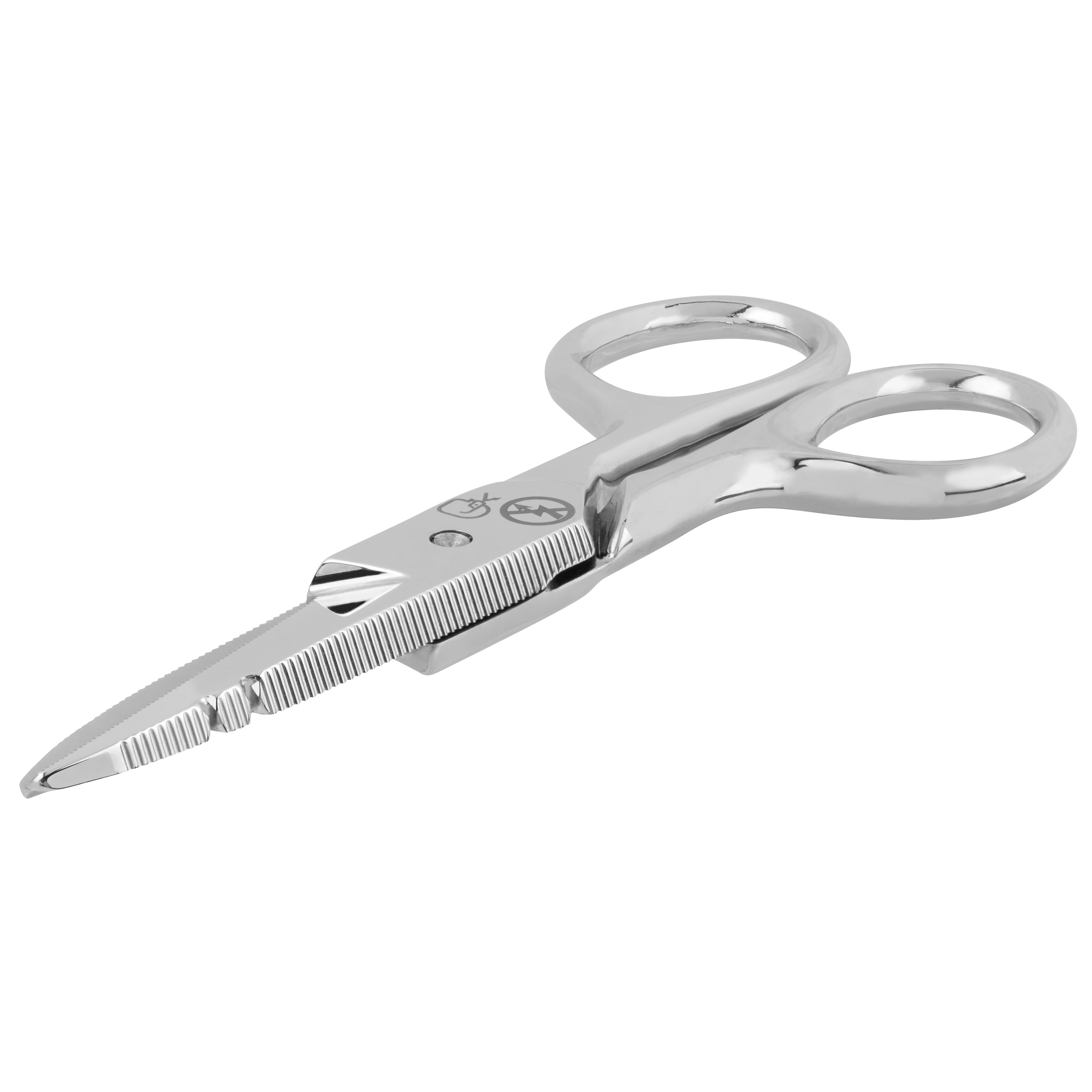 Electrician Scissors featuring stainless steel blades, serrated edges for better grip, and ergonomic handles for comfort.
