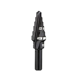 The #6 Step Drill Bit has a black metal design with multiple cutting diameters labeled 3/8 and 1/2 inches. It is used for drilling holes of various sizes into materials.