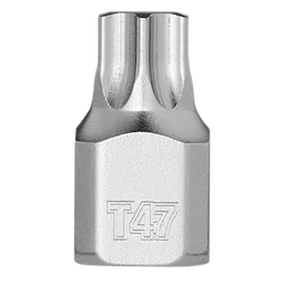 The image is of a 1/4" Drive T47 Low-Profile TORX Bit Socket. It features a shiny, metallic finish with the marking "T47" etched on the side, indicating its size and type. The bit socket is designed for use with TORX screws.