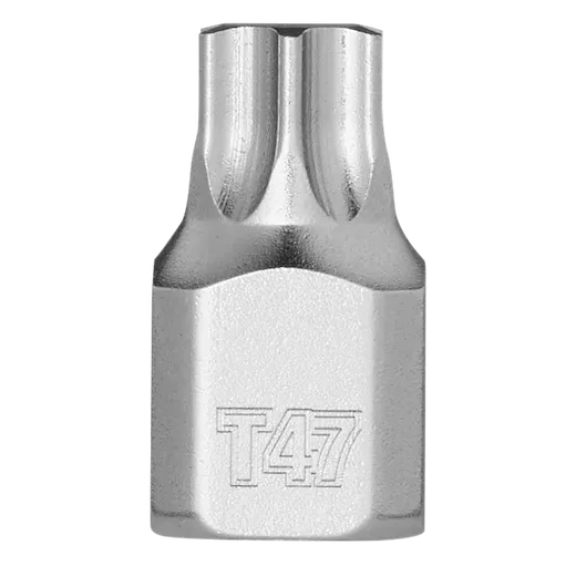The image is of a 1/4" Drive T47 Low-Profile TORX Bit Socket. It features a shiny, metallic finish with the marking "T47" etched on the side, indicating its size and type. The bit socket is designed for use with TORX screws.