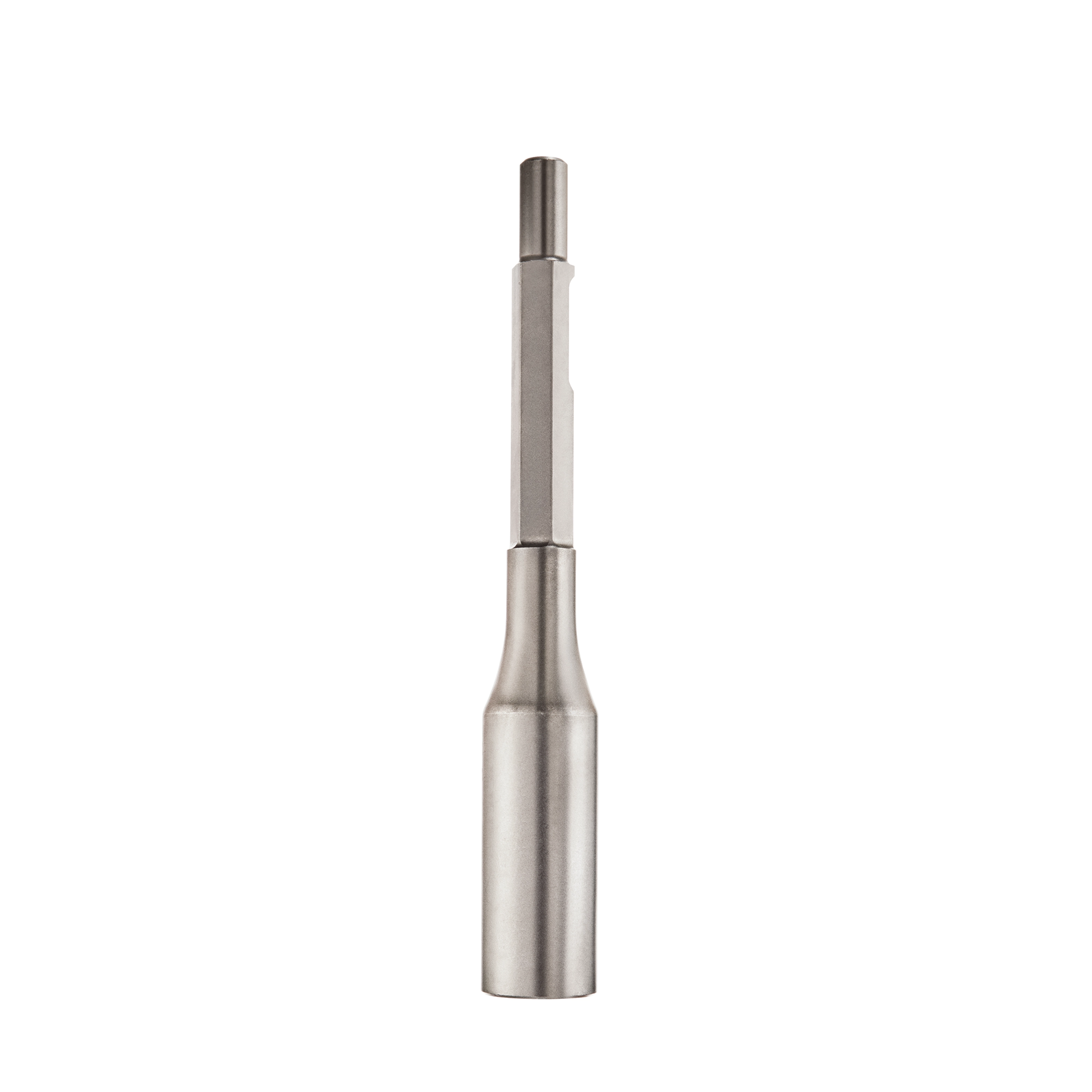 GROUND%20ROD%20DRIVER, a metal tool attachment with a hexagonal shaft and a cylindrical body used for driving ground rods into the soil.