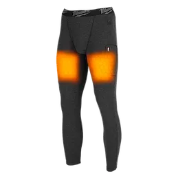 Heated Merino Wool Baselayer Pants, featuring integrated heating elements at the thighs. The pants are dark gray and have a small pocket on their left side. The heating elements are highlighted in orange to indicate their location and functionality.