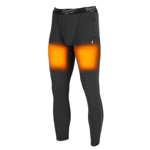 Heated Merino Wool Baselayer Pants, featuring integrated heating elements at the thighs. The pants are dark gray and have a small pocket on their left side. The heating elements are highlighted in orange to indicate their location and functionality.