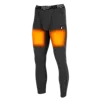 Heated Merino Wool Baselayer Pants, featuring integrated heating elements at the thighs. The pants are dark gray and have a small pocket on their left side. The heating elements are highlighted in orange to indicate their location and functionality.