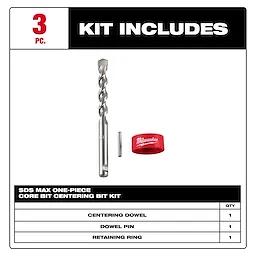 Image showing a 3-piece SDS Max One-Piece Core Bit Centering Bit Kit from Milwaukee. It includes one centering dowel, one dowel pin, and one retaining ring, as indicated in a list at the bottom.