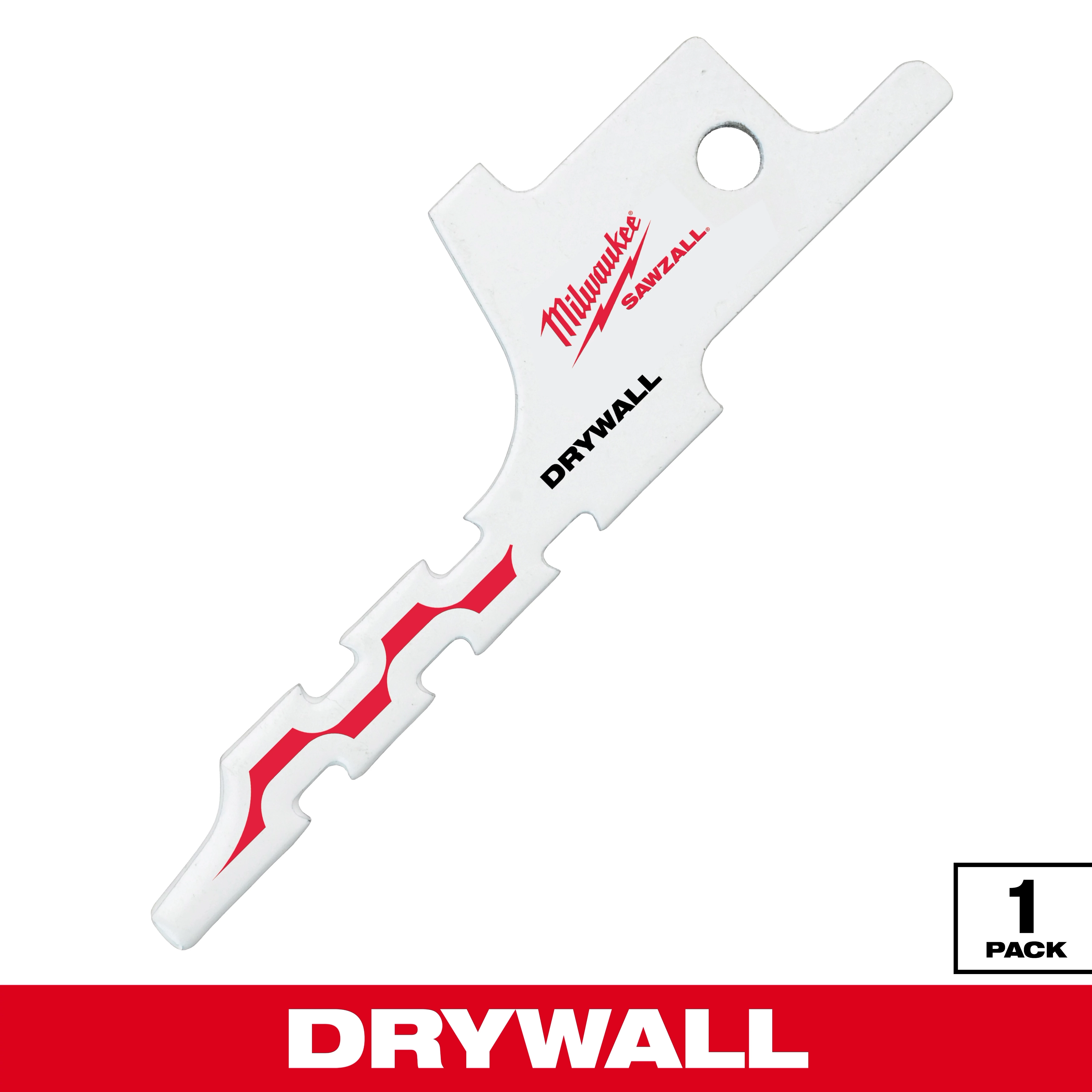 Milwaukee Sawzall drywall cutting blade with a white body and red wavy design. The blade has a unique tooth design for precise cuts. "Drywall" is printed in black, below the Milwaukee logo in red. The image also indicates it is a single pack.