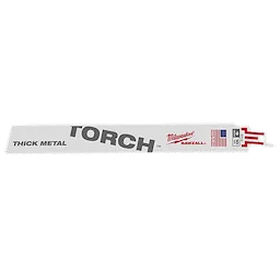 The 9" 10 TPI The Torch™ SAWZALL® Blades (5 Pk) are designed for thick metal cutting. The blades are gray with "TORCH" in large letters, a red logo, and American flag symbols. Made in the USA, they feature a 10 teeth-per-inch configuration for precision cutting.