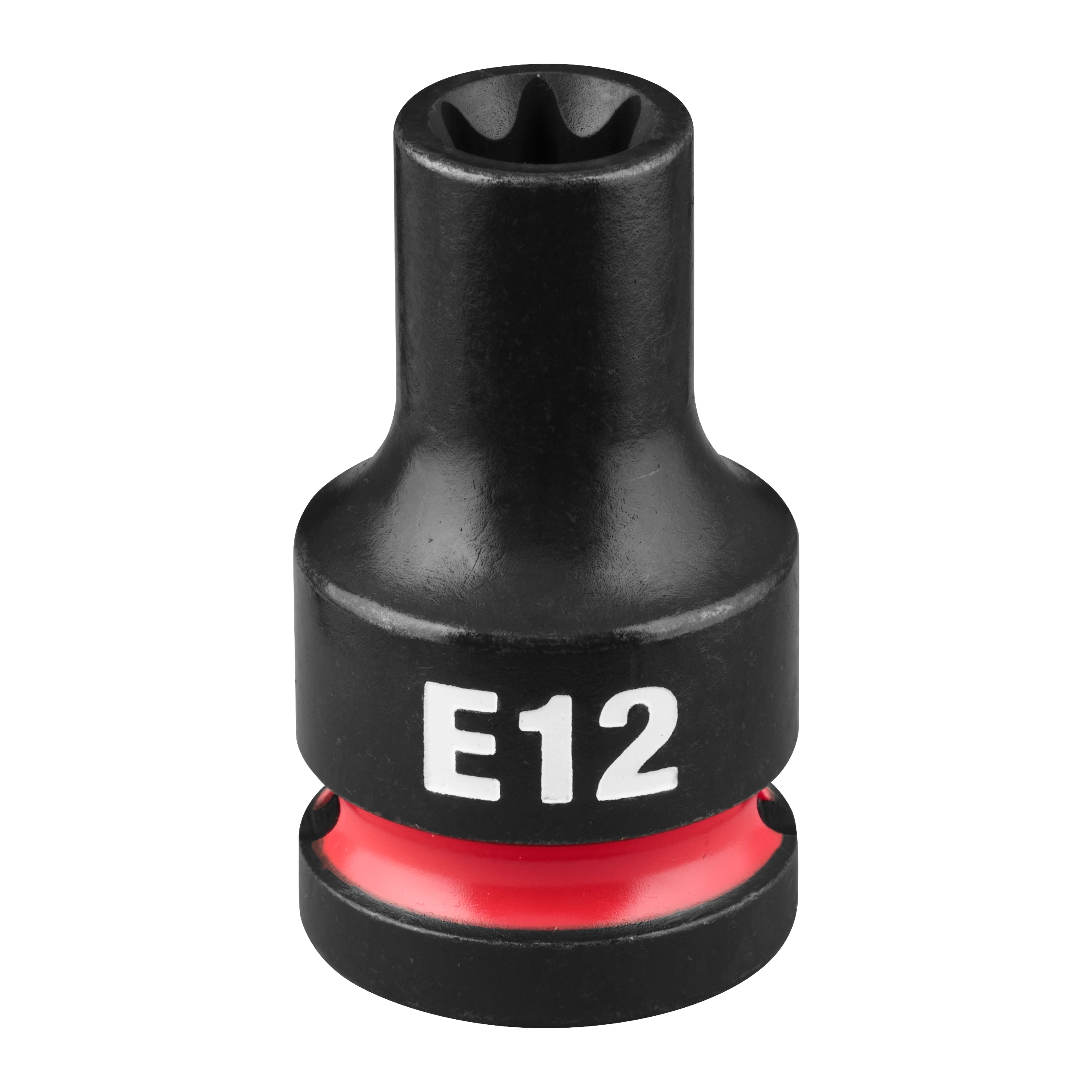SHOCKWAVE Impact Duty 1/2" Drive E-Torx E12 Bit Socket standing upright with E12 marking and a red band near the base.
