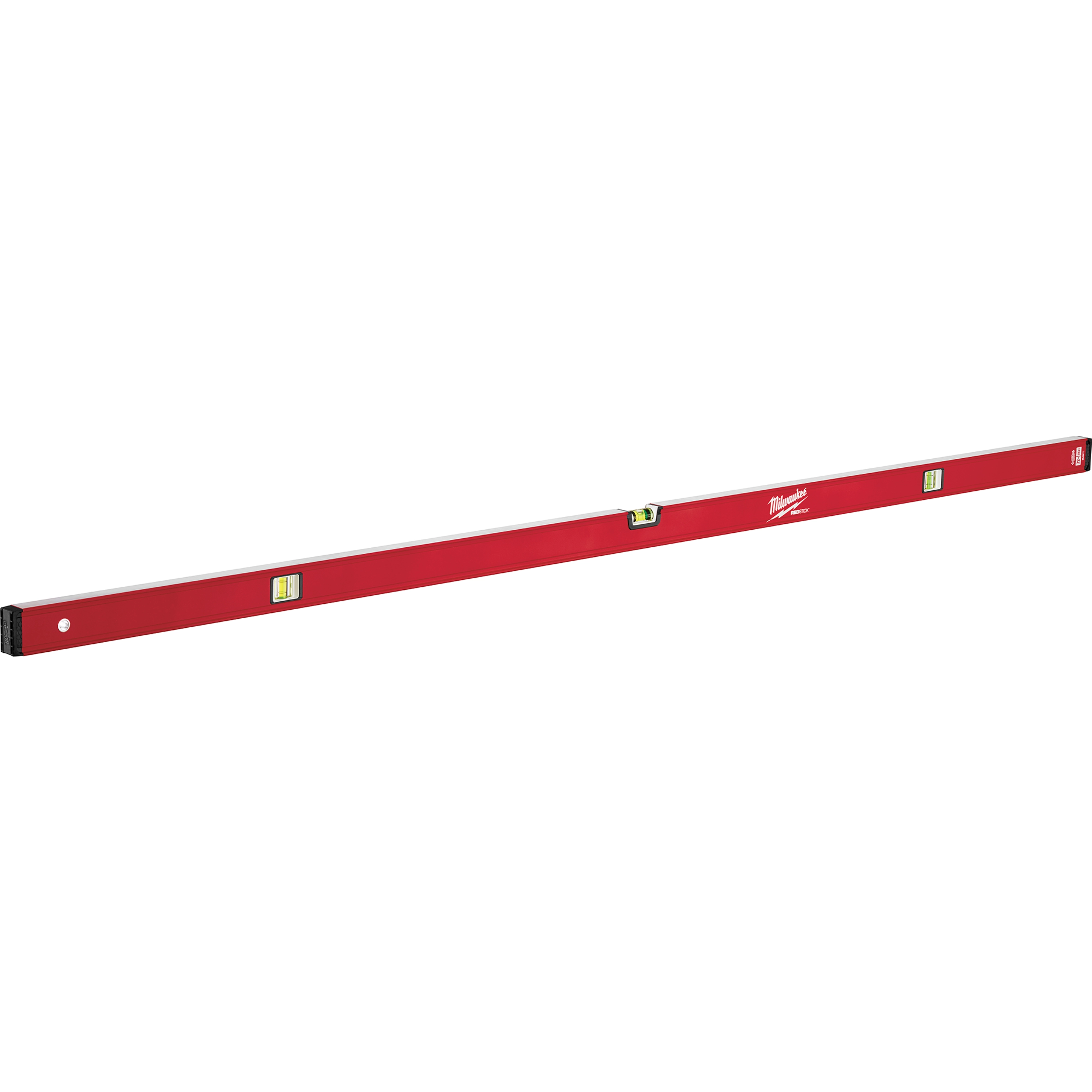 REDSTICK Level with red body, silver edges, black rubber end caps, and multiple bubble vials for measuring accuracy.
