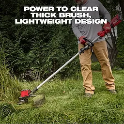 A man uses the M18 Brushless String Trimmer to cut grass in a yard. The tool features a red and black design, with text indicating its power to clear thick brush and a lightweight design.