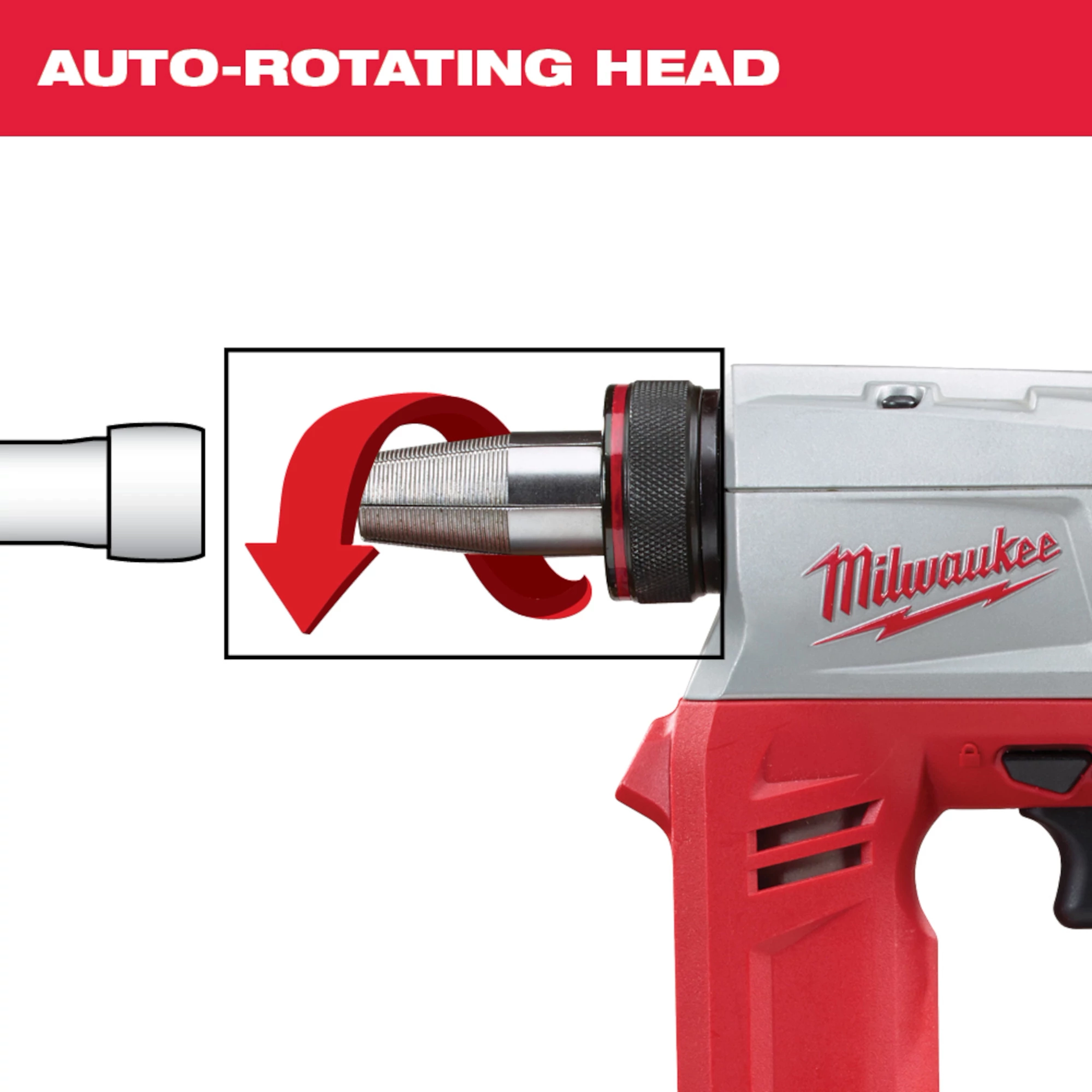 Milwaukee M18%20ProPEX%20Expansion%20Tool with an auto-rotating head for pipe fitting shown in close-up.