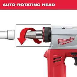 Milwaukee M18%20ProPEX%20Expansion%20Tool with an auto-rotating head for pipe fitting shown in close-up.