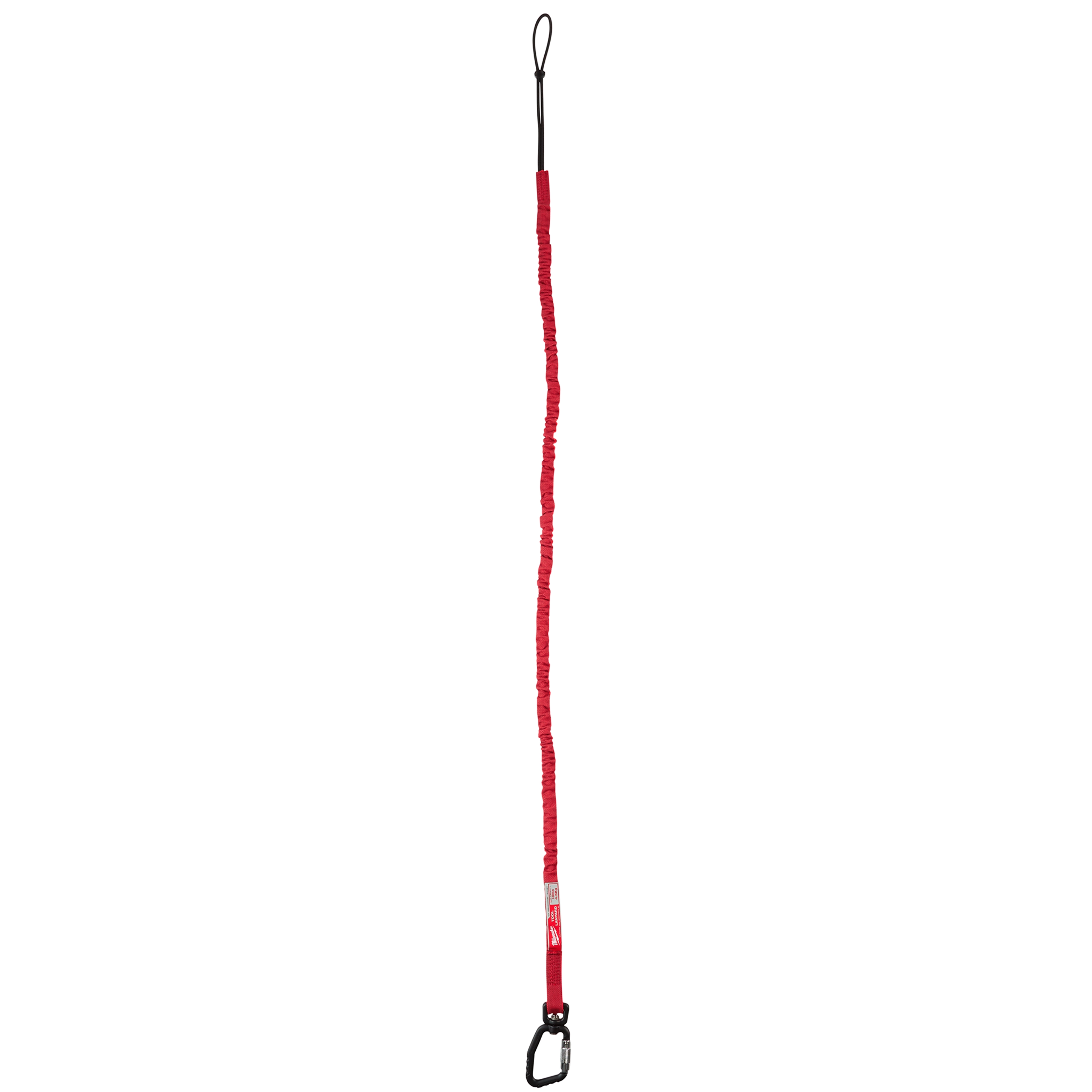 Red 10-20LB Extended Reach Locking Tool Lanyard, featuring a coiled, extendable design with loops on both ends and a carabiner clip.