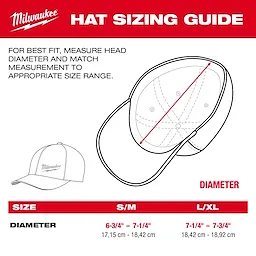 Hat Size hat sizing guide showing measurements for S/M (17.15 cm - 18.42 cm) and L/XL (18.42 cm - 18.92 cm) diameters.