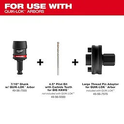 7/16" shank arbor, 4.5" pilot bit, and large thread pin adapter for 1-3/8" BIG HAWG with Carbide Teeth, 1-3/4" BIG HAWG with Carbide Teeth, 2-1/8"