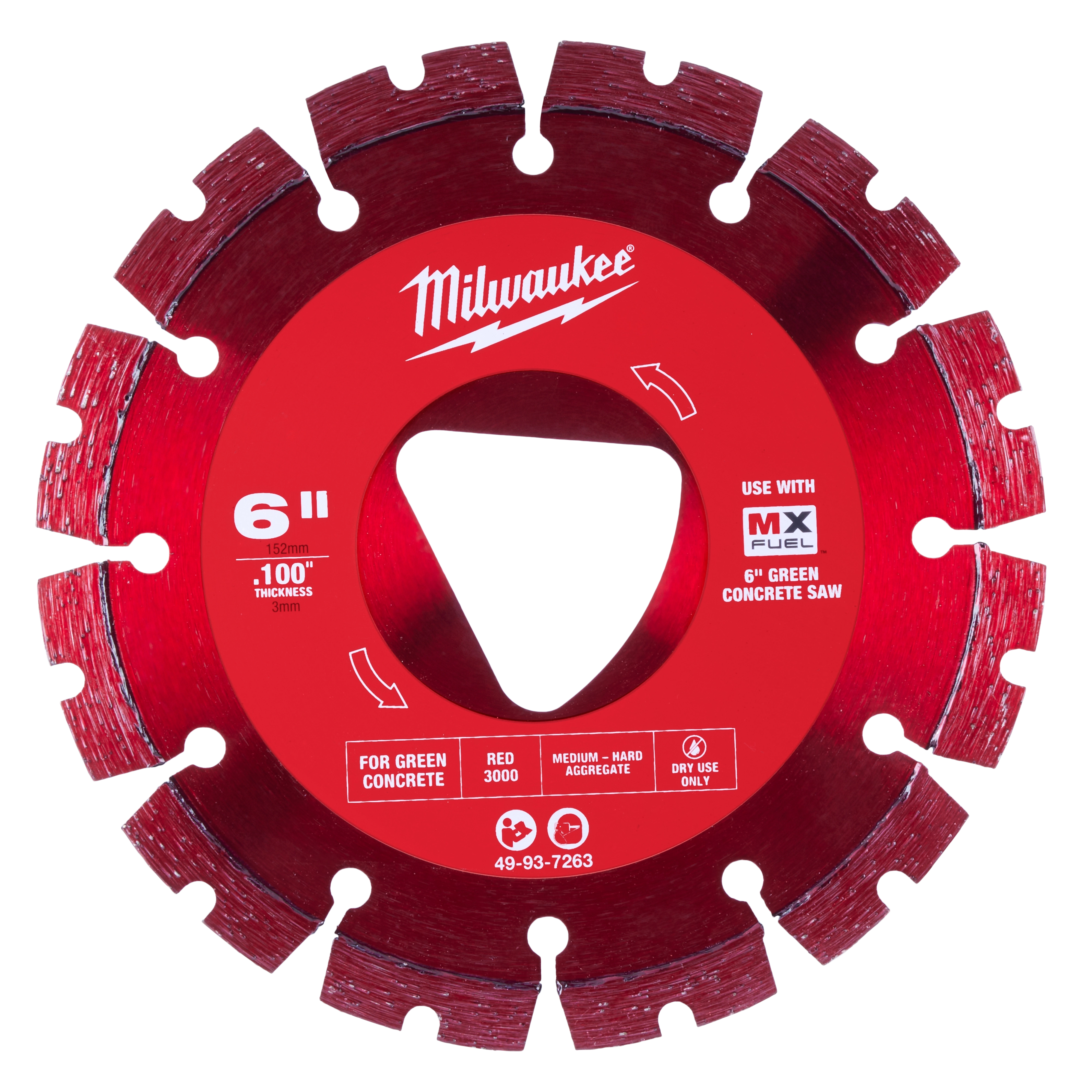 Red 6-inch x .100-inch Diamond Blade for Green Concrete, features triangular hole, designed for medium-hard aggregate, dry use only.
