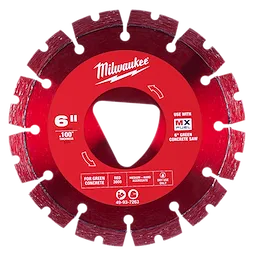 Red 6-inch x .100-inch Diamond Blade for Green Concrete, features triangular hole, designed for medium-hard aggregate, dry use only.