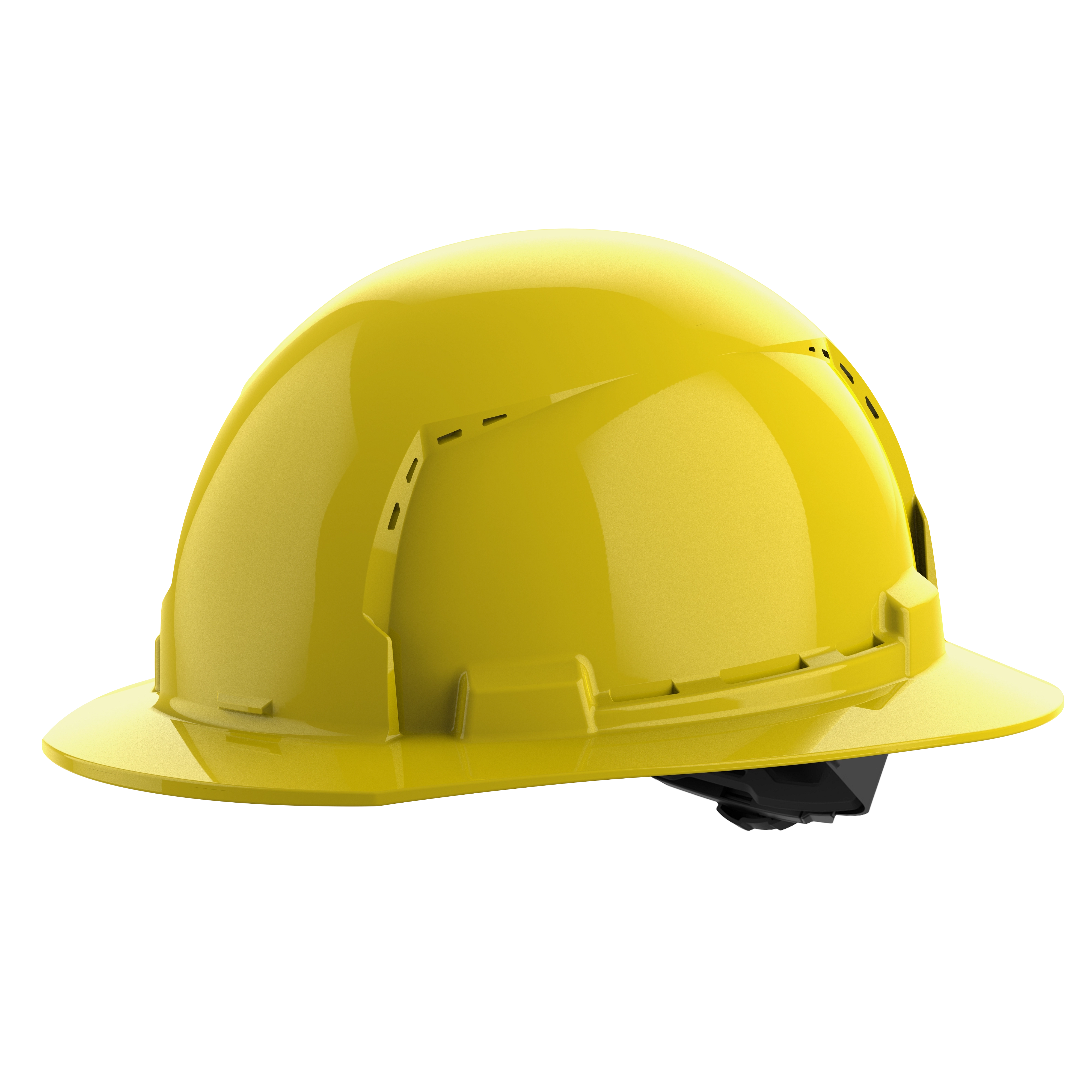 BOLT Yellow Full Brim Vented Hard Hat w/4pt Ratcheting Suspension (USA) - Type 1, Class C on a plain background