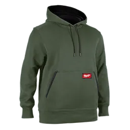 The Milwaukee MIDWEIGHT PULLOVER HOODIE is a green, long-sleeved hooded sweatshirt with a front kangaroo pocket. The hoodie is designed for comfort and durability.