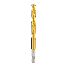 The Red Helix Titanium Impact Drill Bit features a gold-colored, spiral design with a hex shank at the base for secure attachment.