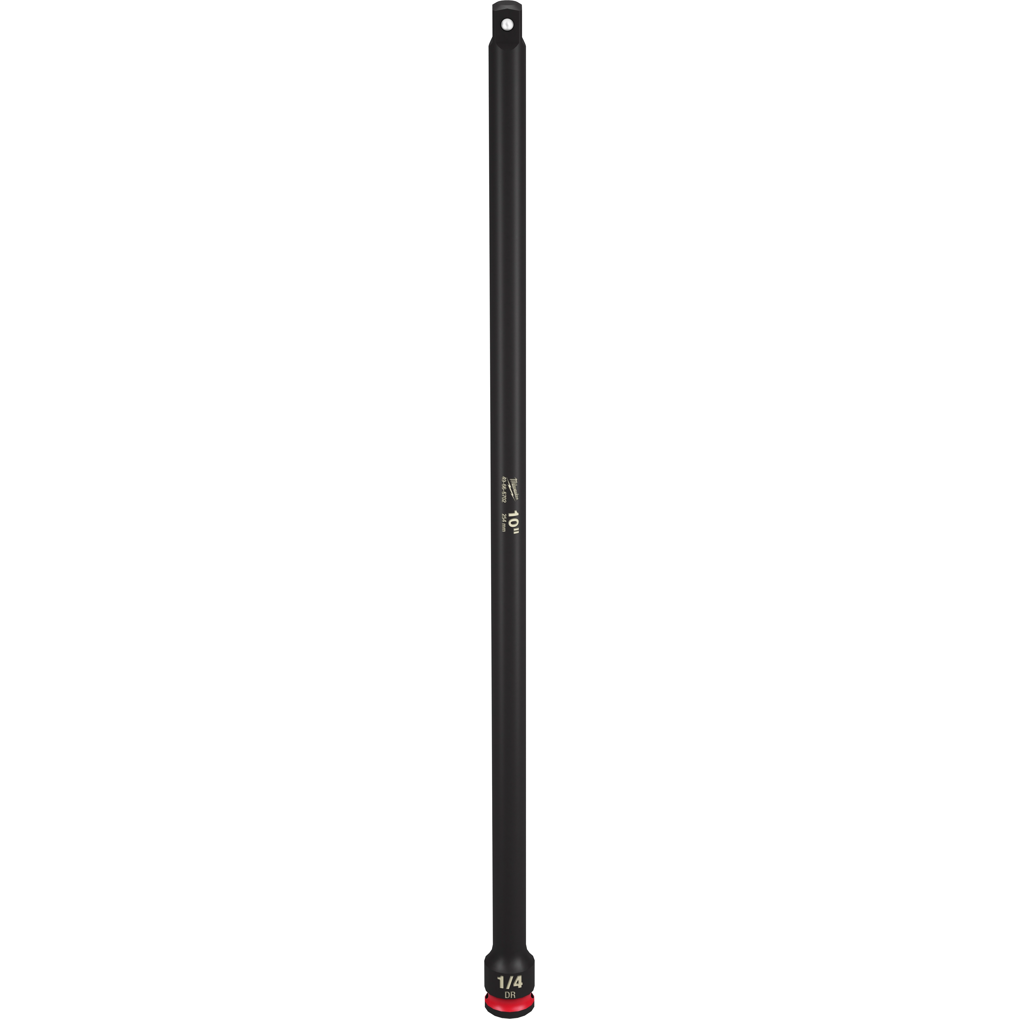 The 1/4" DR 10" IMPACT EXTENSION is a black, cylindrical extension tool with identification marks in white and gold lettering. It features a square drive socket on one end and a hole on the other for secure attachment.