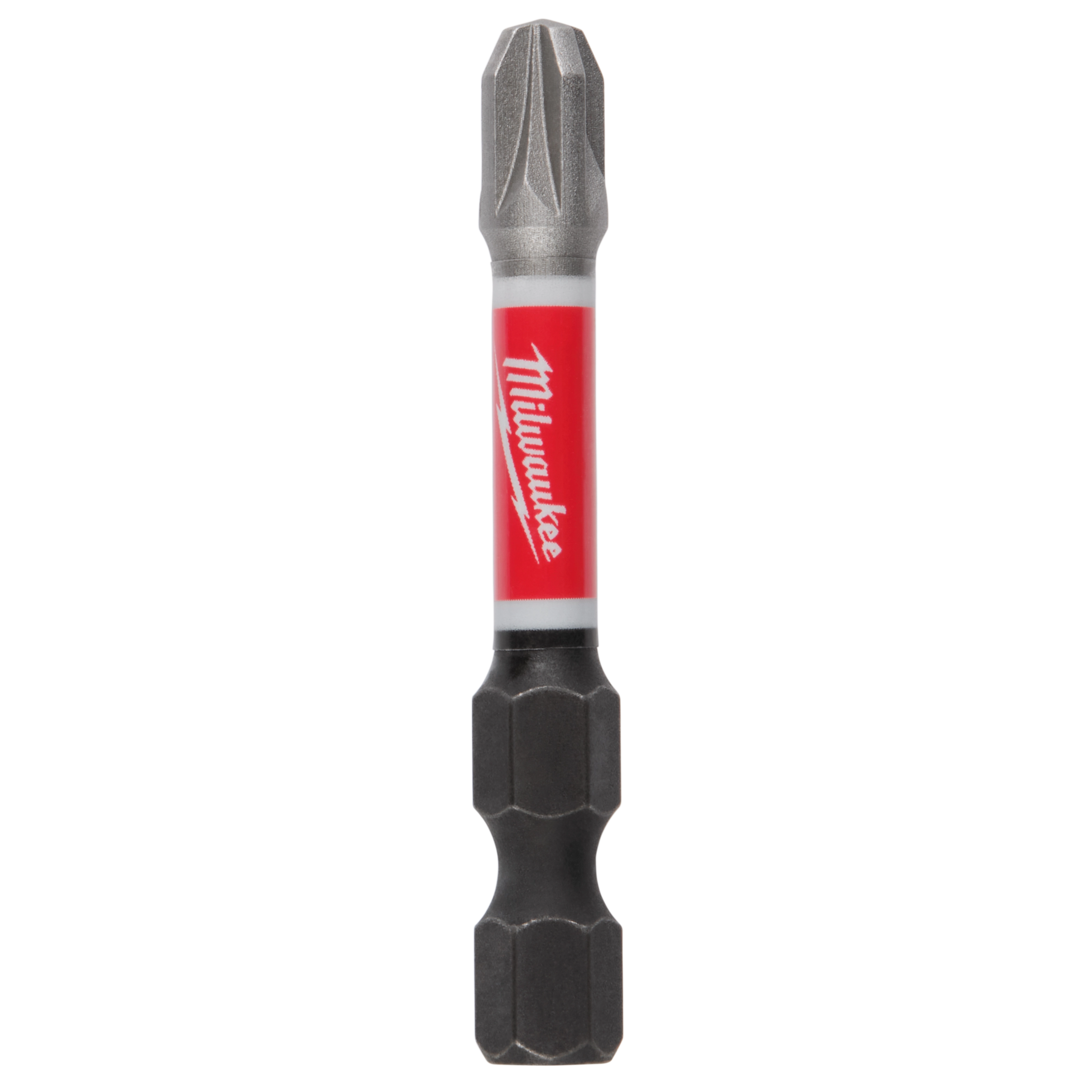 Image of a SHOCKWAVE™ 2" Impact Duty Pozidriv #3 Power Bit. The bit is metal with hexagonal ends, featuring a red Milwaukee-branded band around the middle. It is designed for high-impact usage.