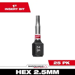 Image of a SHOCKWAVE™ 1" Impact Duty Hex 2.5MM Insert Bit. The bit is silver and black with a red band labeled "Milwaukee". The text on the image reads "1" Insert Bit", "25 PK", and "HEX 2.5MM".