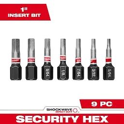 This image features the SHOCKWAVE™ 1" Hex Security Insert Bit Set - 7PC by Milwaukee. The set includes seven durable hex bits of varying sizes, each marked with its dimension, and designed for precise security applications. The packaging displays "1" Insert Bit", "9 PC", and "Security Hex".