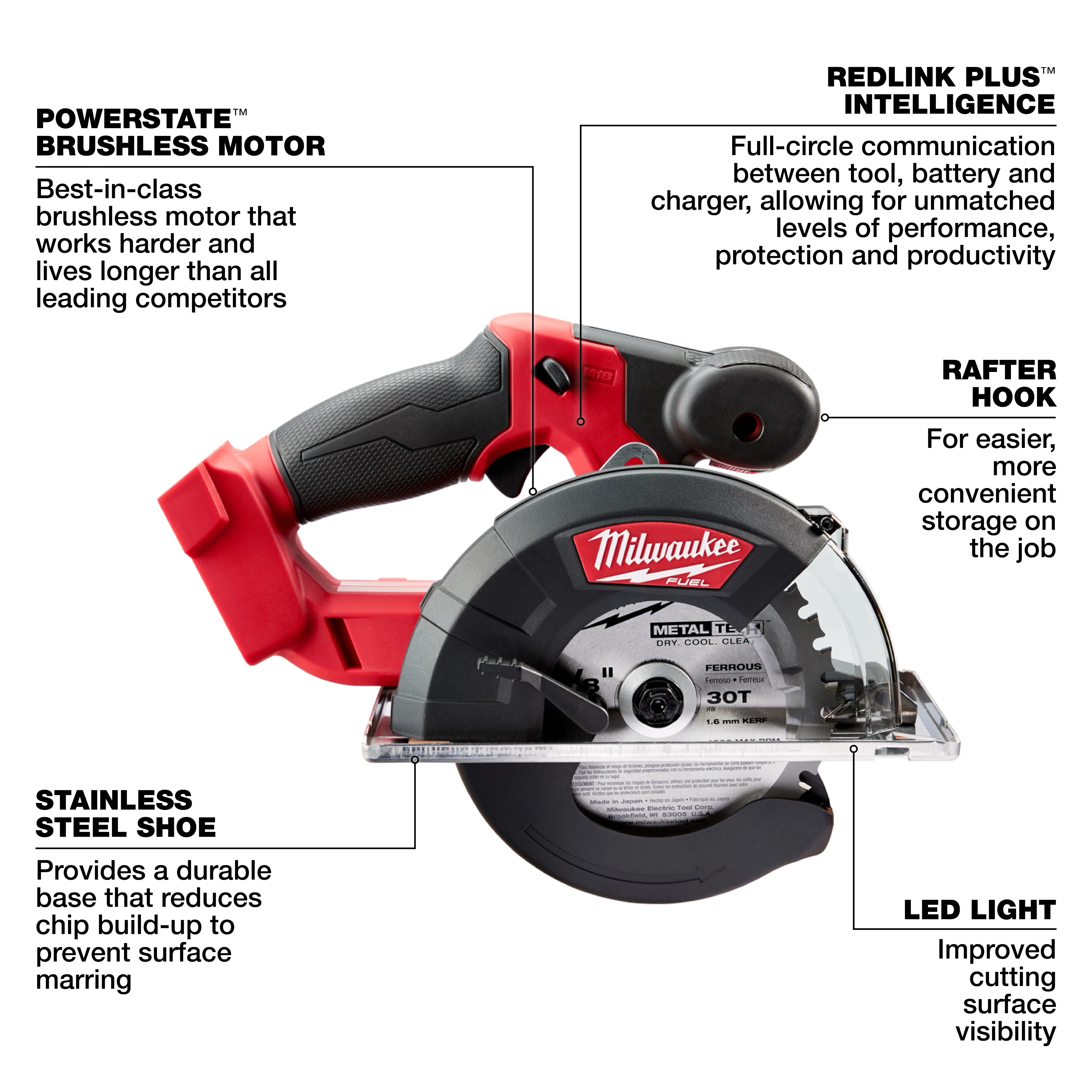 The image shows the Milwaukee M18 FUEL™ Metal Cutting Circular Saw, featuring a POWERSTATE™ brushless motor, REDLINK PLUS™ intelligence, and a rafter hook for storage. It has a stainless steel shoe to reduce chip buildup and an integrated LED light for better cutting visibility.