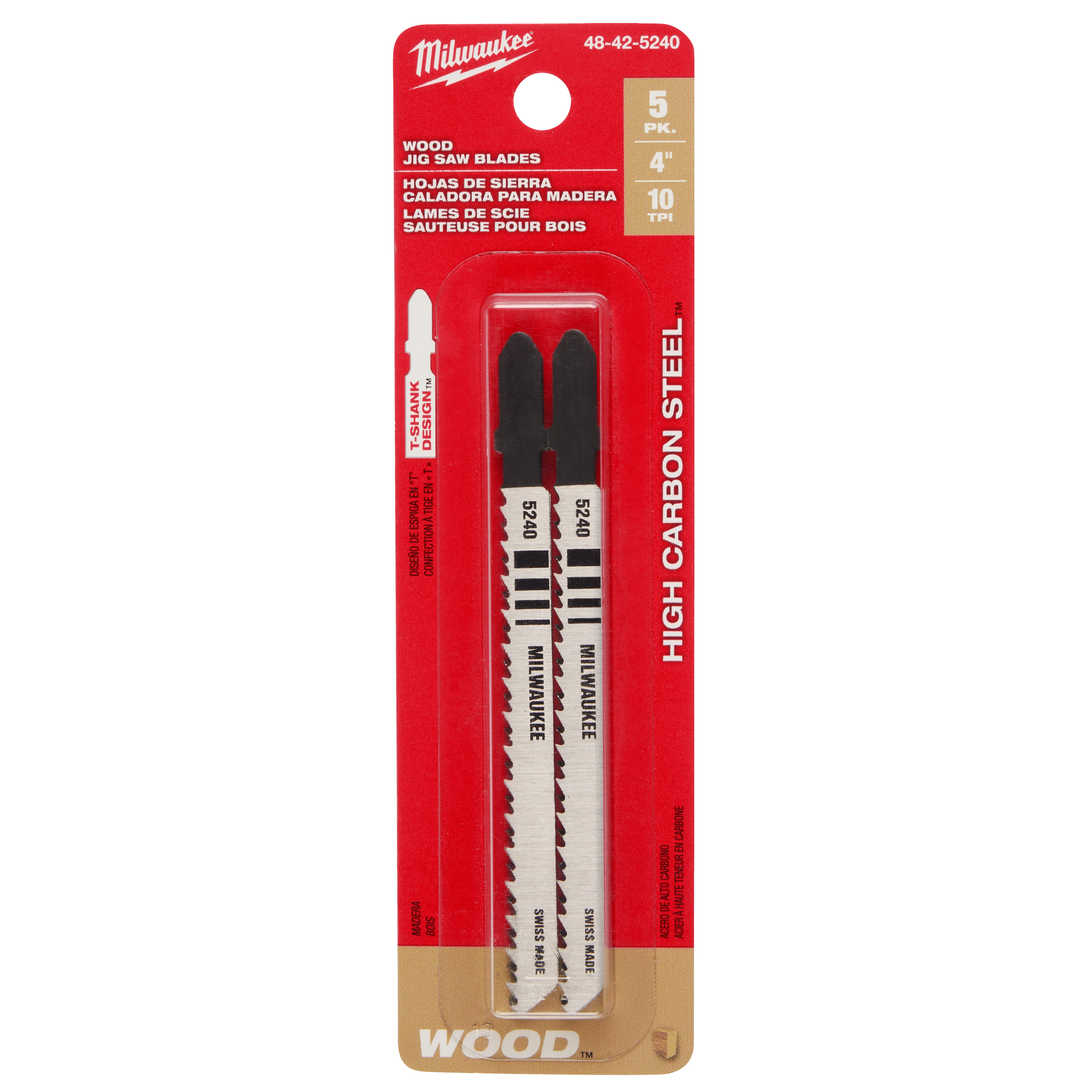 4" 10TPI T-Shank Wood High Carbon Steel Jig Saw Blades, 5 pack, shown in a red and white package with bilingual labeling.