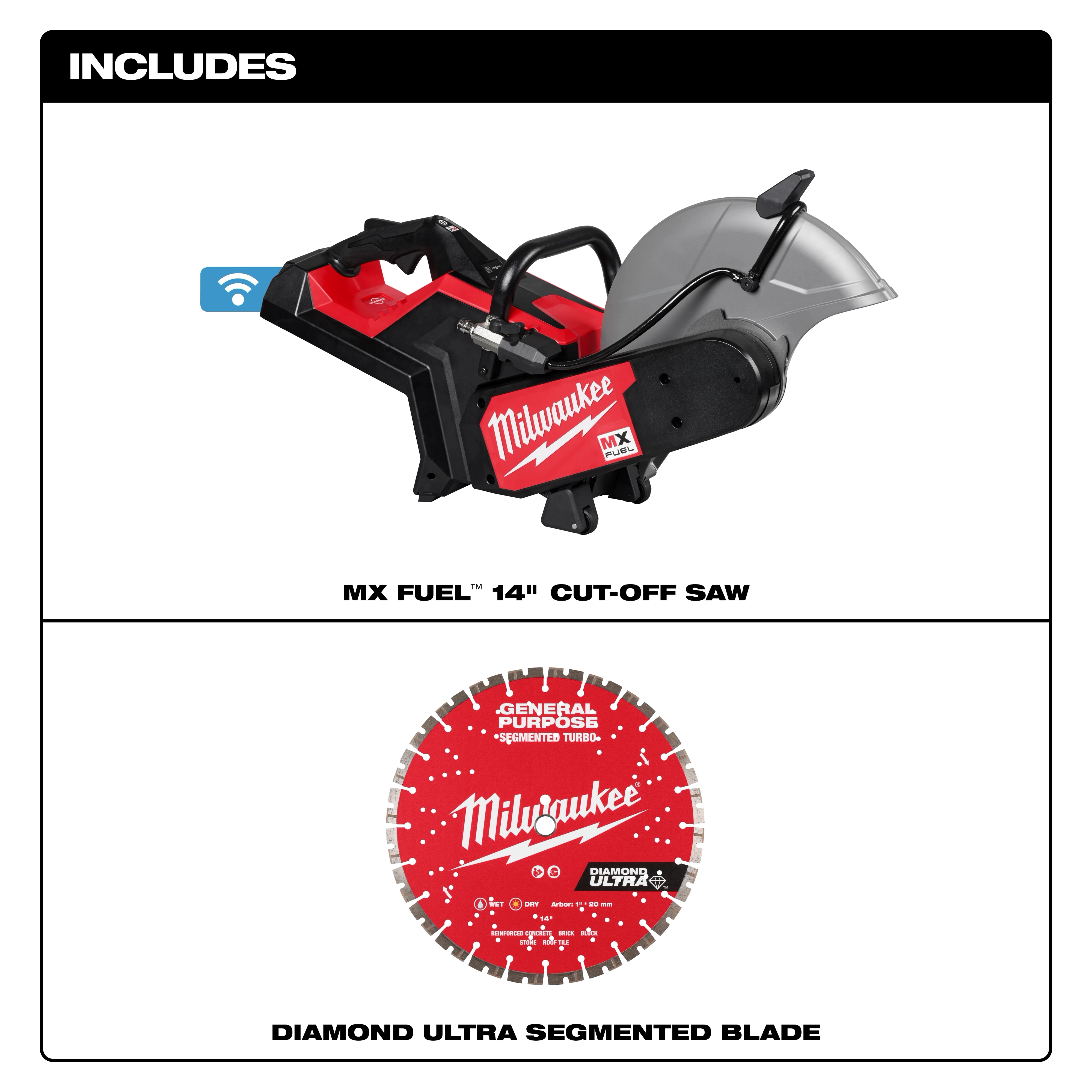 Image showing an MX FUEL™ 14" Cut-Off Saw w/ RAPIDSTOP™ Brake at the top and a red Milwaukee-branded Diamond Ultra Segmented Blade at the bottom. The text "INCLUDES" appears at the top of the image.