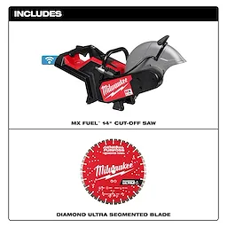 Image showing an MX FUEL™ 14" Cut-Off Saw w/ RAPIDSTOP™ Brake at the top and a red Milwaukee-branded Diamond Ultra Segmented Blade at the bottom. The text "INCLUDES" appears at the top of the image.