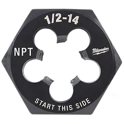The 1/2"-14 NPT 2-1/6" Hex Die is a black hexagonal die used for threading pipes. It features the text "1/2-14," "NPT," and "Start This Side" alongside the manufacturer's name.
