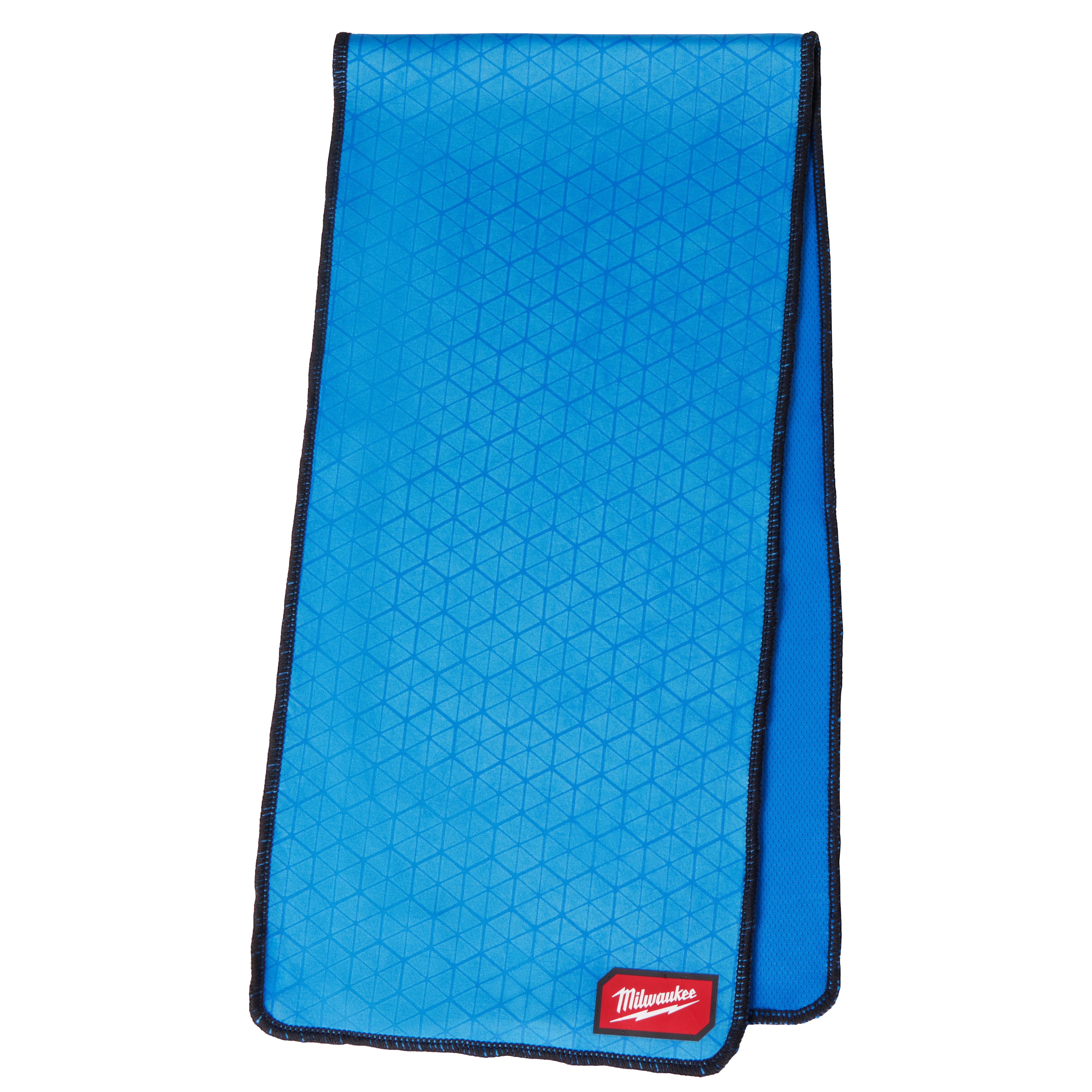 Blue Cooling Towel with black trim and a red label at the bottom, featuring a hexagonal pattern.