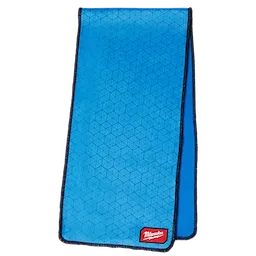Blue Cooling Towel with black trim and a red label at the bottom, featuring a hexagonal pattern.