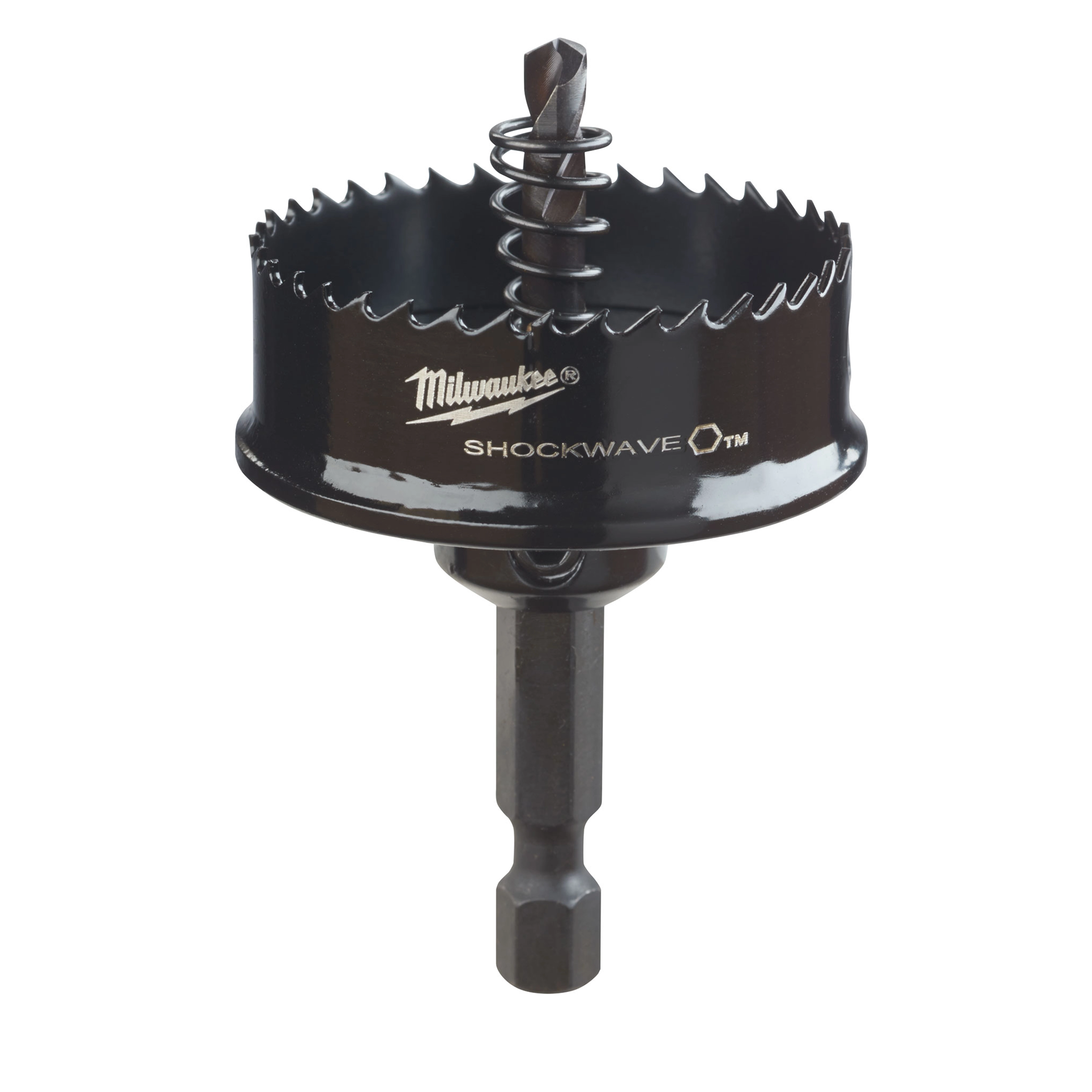 Milwaukee Shockwave hole saw with center drill bit and hex shank against a plain background.