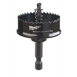 Milwaukee Shockwave hole saw with center drill bit and hex shank against a plain background.