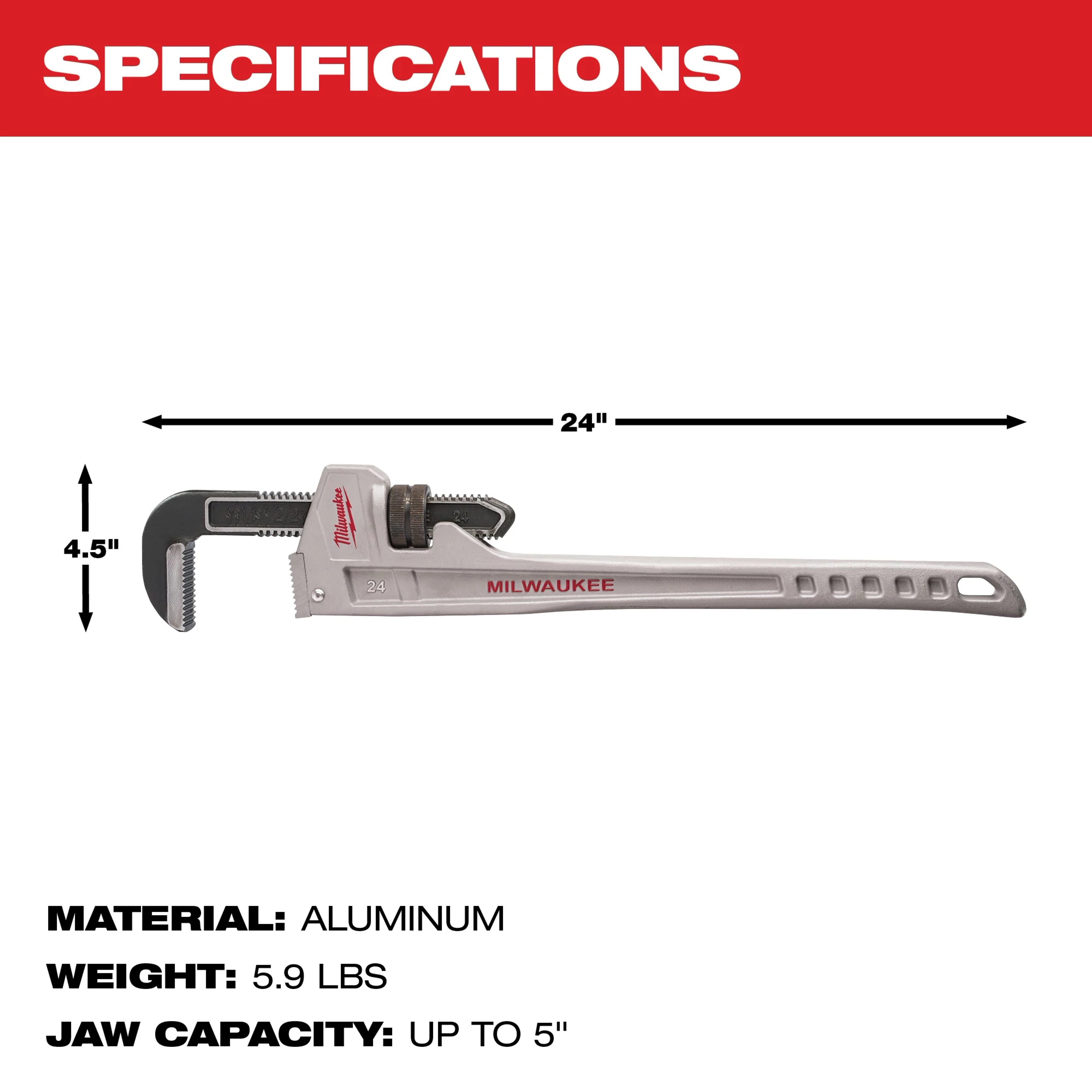 Milwaukee 24-inch aluminum pipe wrench with a weight of 5.9 lbs and a jaw capacity of up to 5 inches. The total length is 24 inches, and the height is 4.5 inches.