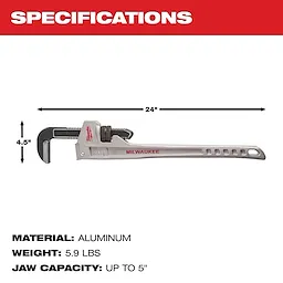 Milwaukee 24-inch aluminum pipe wrench with a weight of 5.9 lbs and a jaw capacity of up to 5 inches. The total length is 24 inches, and the height is 4.5 inches.