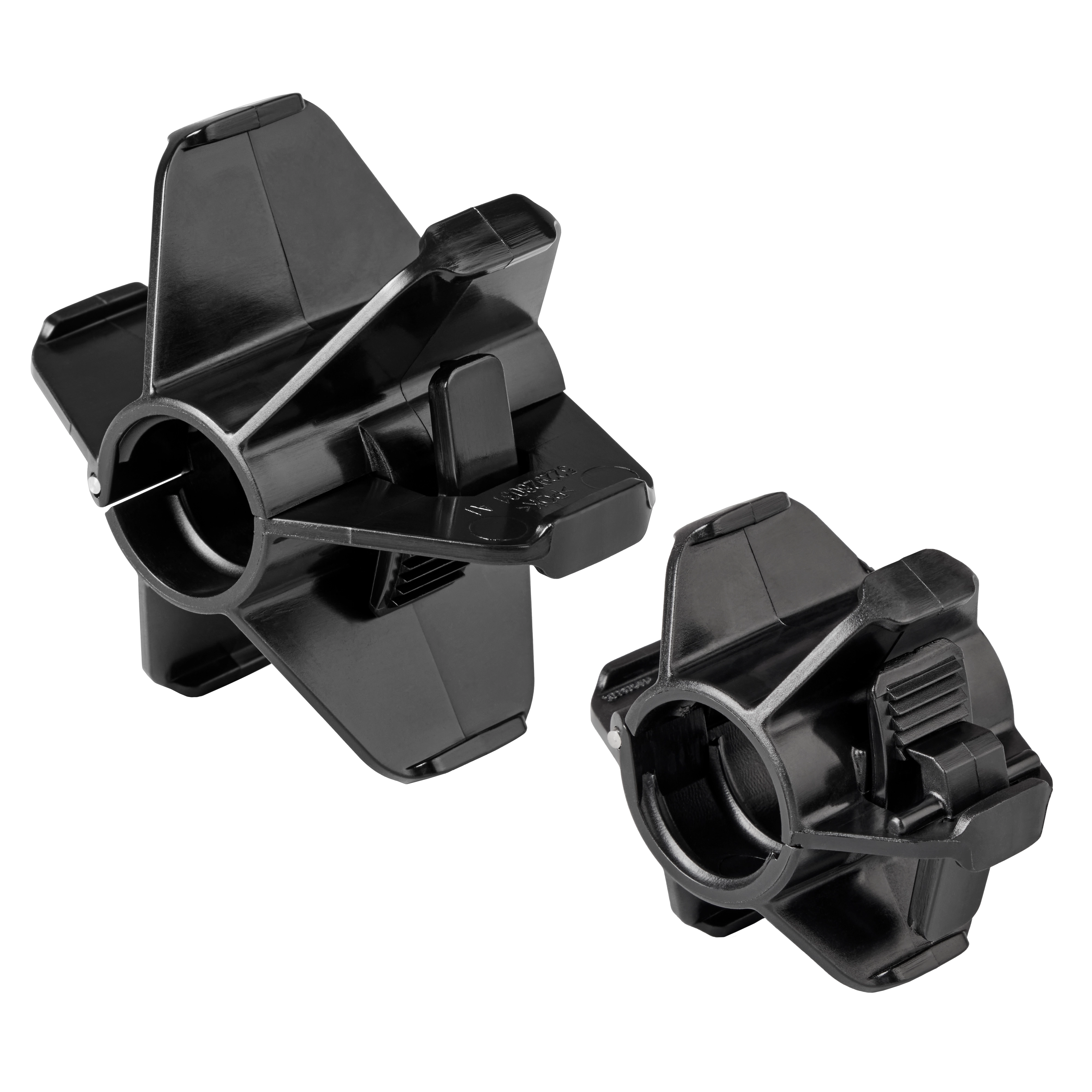Image of two black, star-shaped plastic attachments known as Barrel Skids for M12™ 85’ High Flex Compact Inspection Camera. Each skid has a central circular opening and multiple fin-like protrusions for stabilization.